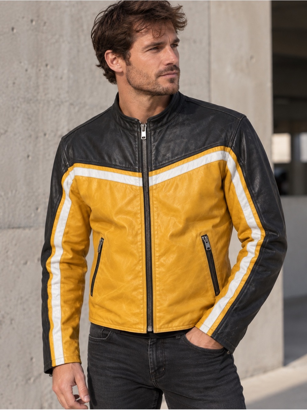 Wilson's Leather M. Julian Leather Moto Jacket Yellow Black Racing Biker Men's M